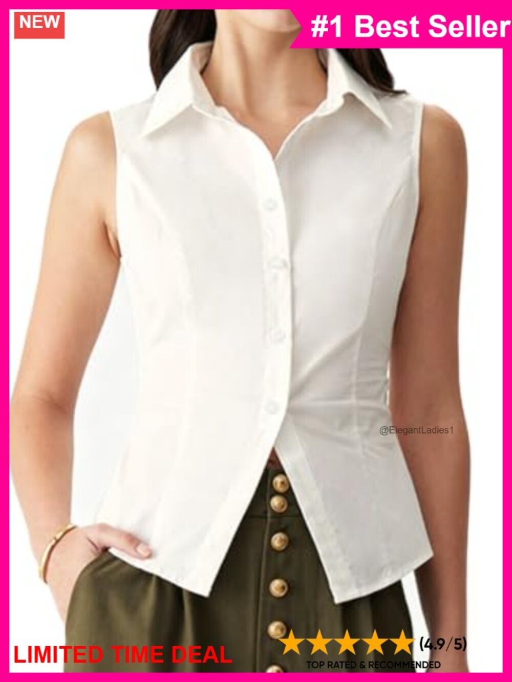 Sleeveless Collared Button Down Tailored Tank Top Casual Office Blouse